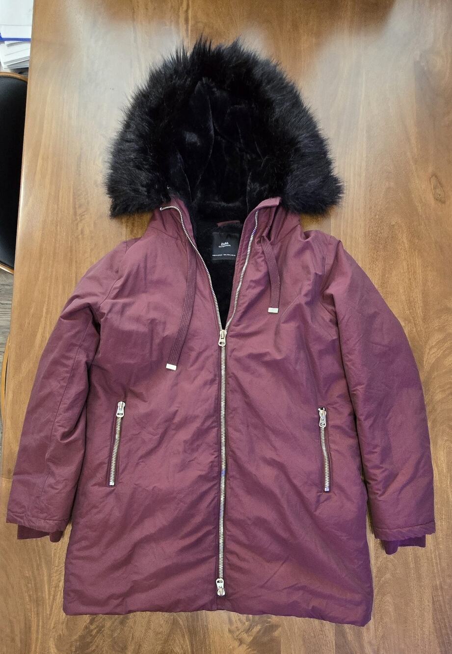 Zara Large Parka Acolchada Burgundy Puffer Water Repellent Winter Coat